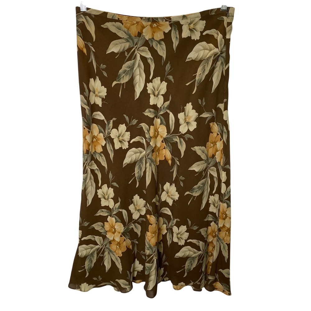 Jones New York Floral Silk Midi Skirt Women 14 Brown Tropical Boho Chic Cottage
